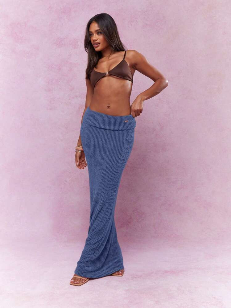 MISSGUIDED Ribbed Knit Maxi Skirt Roll Over Waistband Winter Autumn Fall Long Length Fold Over Casual Cozy Warm Textured Floor Length | SHEIN