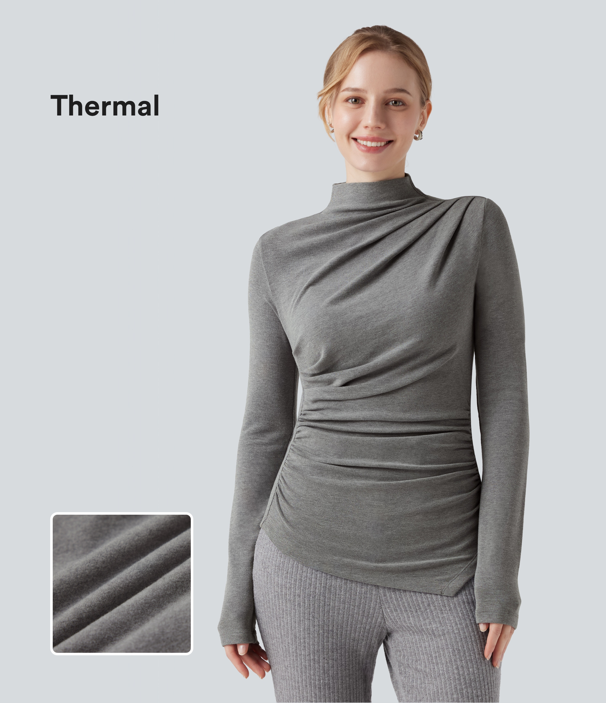 Women’s Mock-neck Long Sleeve Ruched Asymmetric Hem Thermal Casual Top - Halara | HALARA