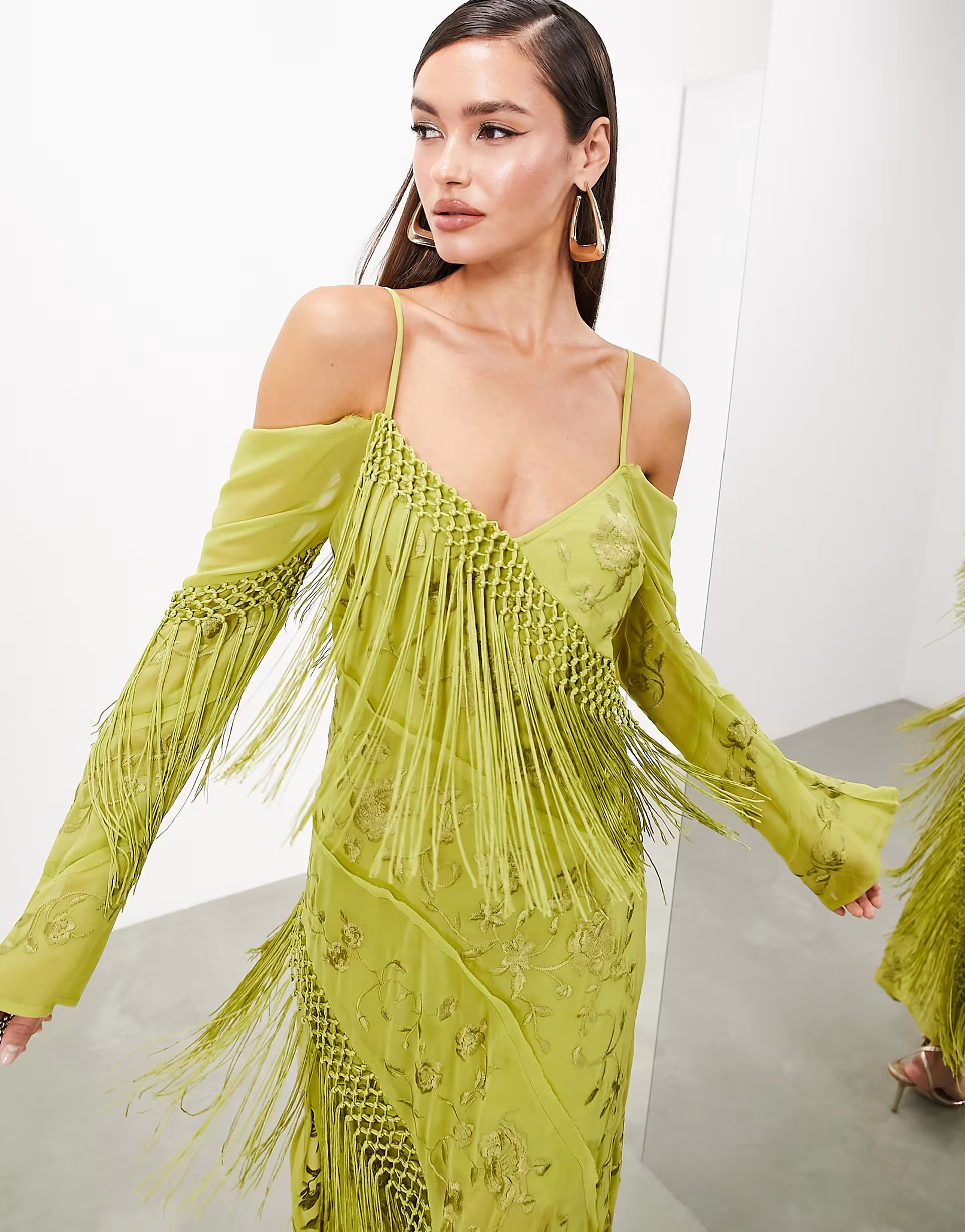 ASOS EDITION floral embroidered long sleeve bias cut maxi dress with fringe in olive green | ASOS (Global)