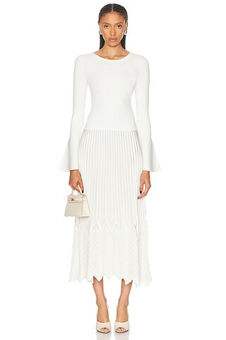 SIMKHAI Damoni Chevron Pleating Midi Dress in Ivory | FWRD | FWRD 