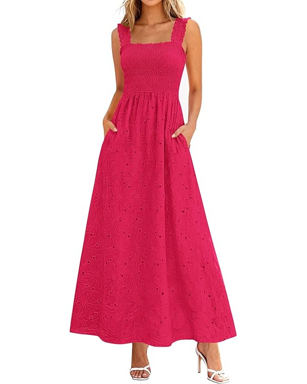 KIRUNDO Women Eyelet Summer Maxi Dress 2026 Spring Boho Lace Cotton Smocked Sleeveless Square Nec... | Amazon (US)