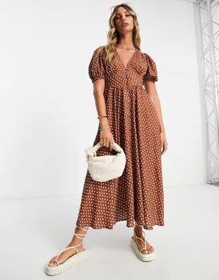 River Island polka dot midi dress in brown | ASOS (Global)