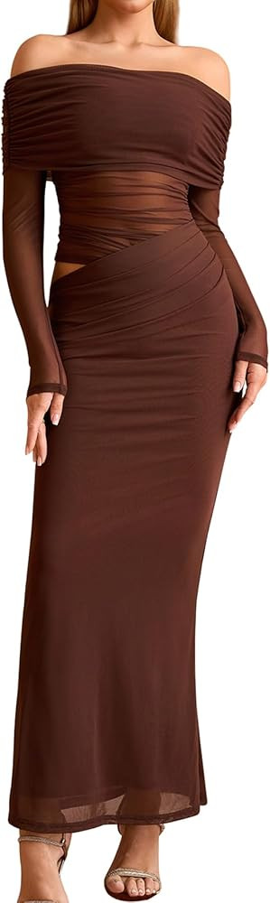 KUTUMAI Women Off Shoulder Long Sleeve Maxi Dress Cutout Mesh Ruched Bodycon Formal Wedding Guest... | Amazon (US)