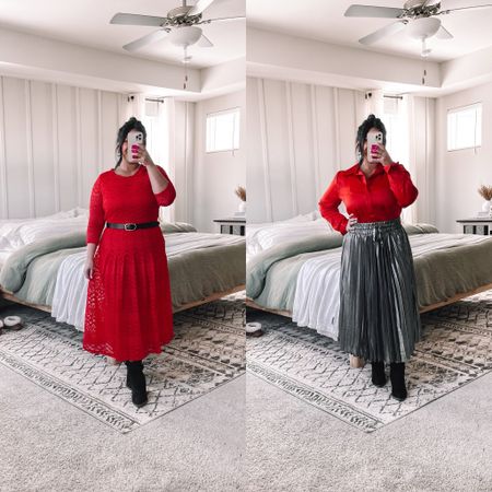 JCP holiday outfits. Discount code: KRISTL25 at checkout. Dress is size M (size down), silver skirt is size M (size down), red button up is size L (true to size). Boots are true to size. Also linking earrings! 

#LTKparties #LTKmidsize #LTKHoliday