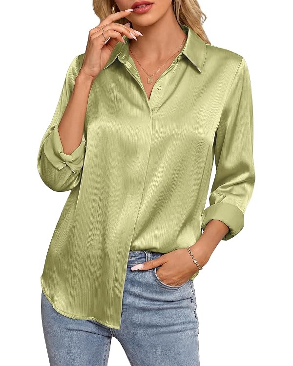 GRACE KARIN 2026 Womens Silky Satin Button Down Shirts Long Sleeve Work Blouses Dressy Casual Top... | Amazon (US)