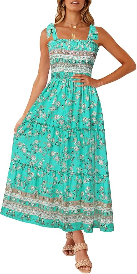 ZESICA Women's Boho Summer Floral Print Tie Straps Sleeveless Square Neck Smocked Flowy Ruffle A ... | Amazon (US)