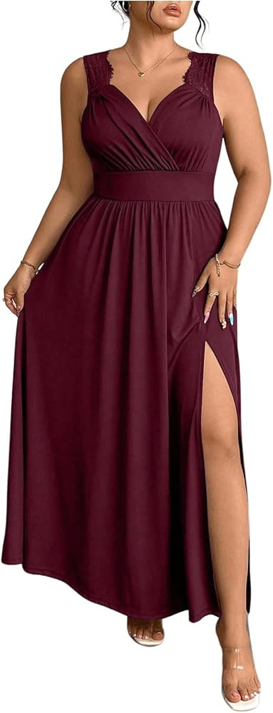 OYOANGLE Women's Plus Size Lace Trim Sleeveless Maxi Dress Wrap V Neck High Slit Formal Evening D... | Amazon (US)