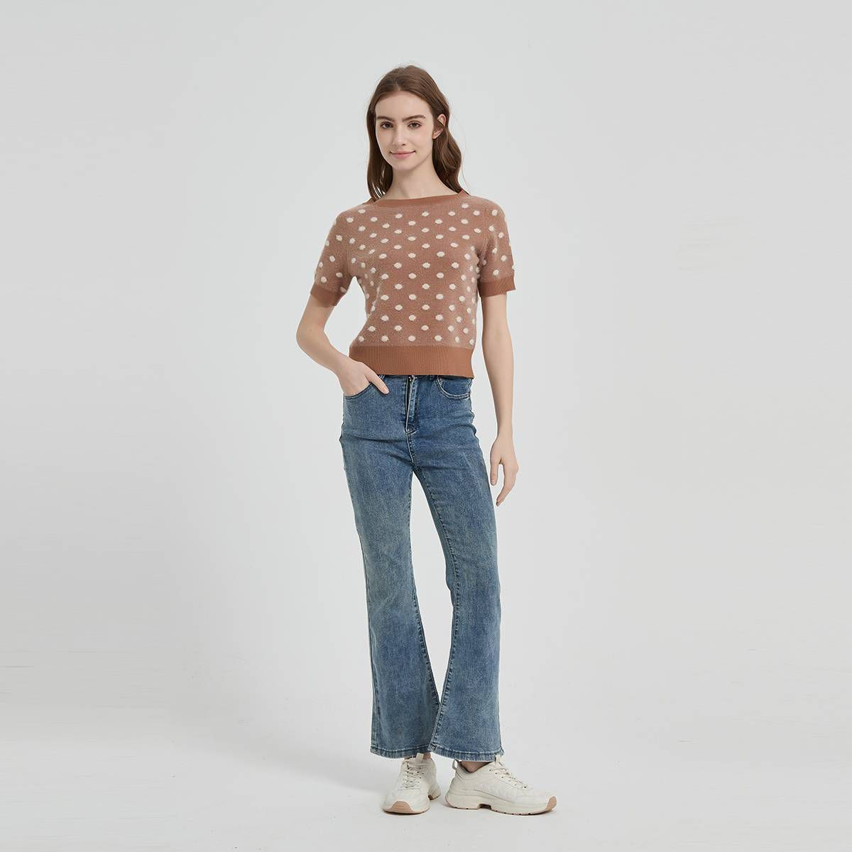 Women's Fuzzy Crewneck Sweater - Wild Fable™ Brown Polka Dots L | Target