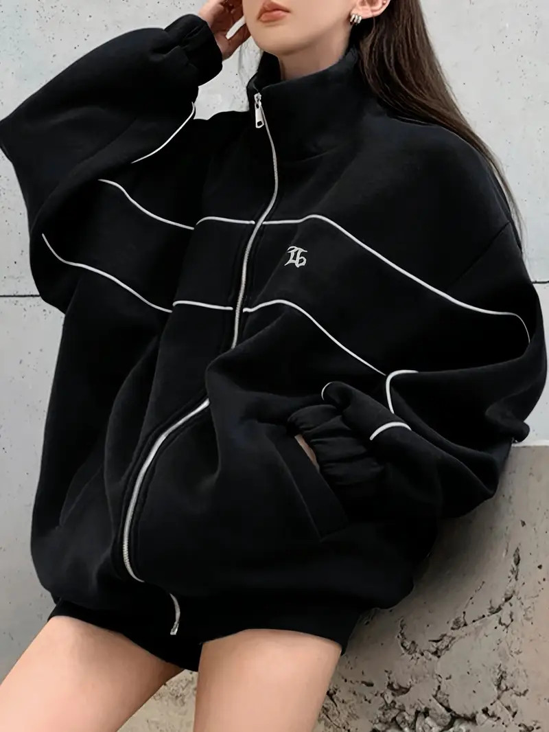 Contrast Trim Zipper Front Jacket, Versatile Long Sleeve Outwear For Fall & Winter, Women's Cloth... | Temu Affiliate Program