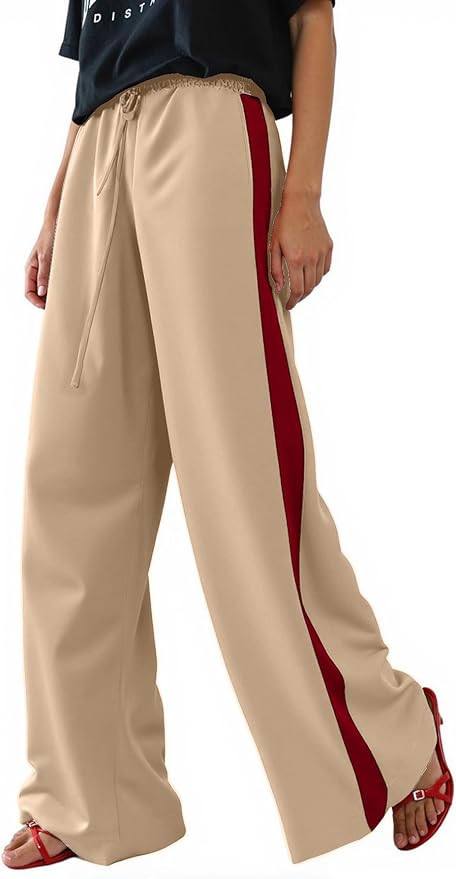 Women's Casual Pants Drawstring Leopard Print Color Block Side Striped Straight Leg Wide Leg Loos... | Amazon (US)