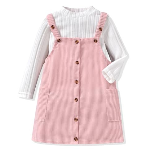 HINTINA 2T Toddler Little Girl 2 Pieces Fall Winter Outfits Long Sleeve Mock Turtleneck Tee Shirt Corduroy Button Down Overall Pinafore Dress Set Spring Clothes Clothing Suit 2-3T Years Pink | Amazon (US)