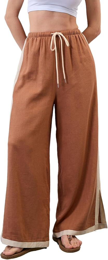 Xiaoxuemeng Wide Leg Pants for Women Casual Linen Side Striped Baggy Pants Elastic Waisted Trouse... | Amazon (US)