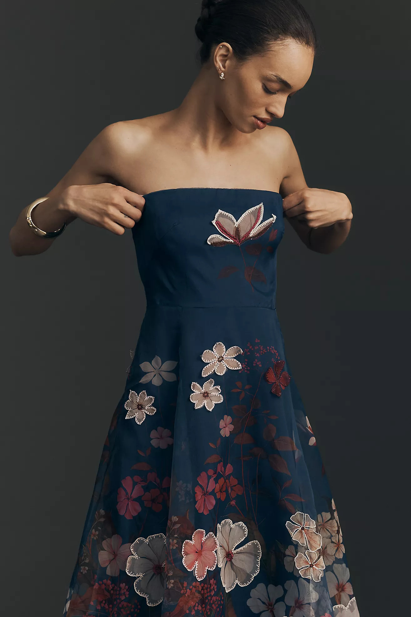 Maeve Strapless Floral Chiffon Midi Dress | Anthropologie (US)