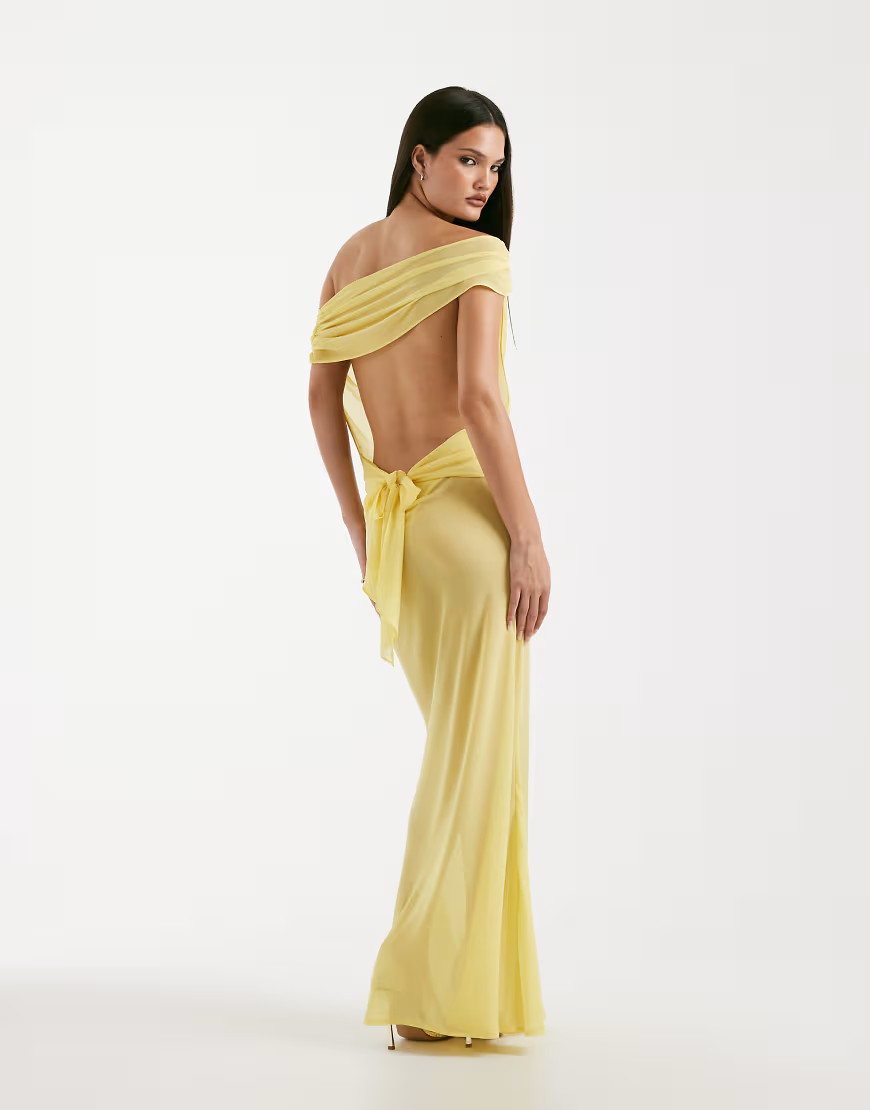 I.AM.GIA Kahlo chiffon sheer off shoulder open back tie detail maxi dress in yellow | ASOS (Global)