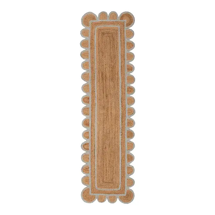 Light Blue Jute Scallop Handmade Boho Runner | Chairish
