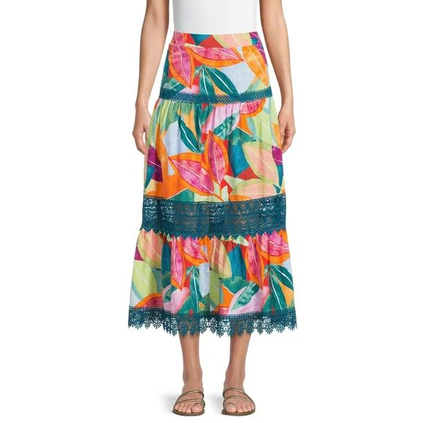 Time and Tru Women’s Tiered Maxi Skirt with Lace Trim - Walmart.com | Walmart (US)