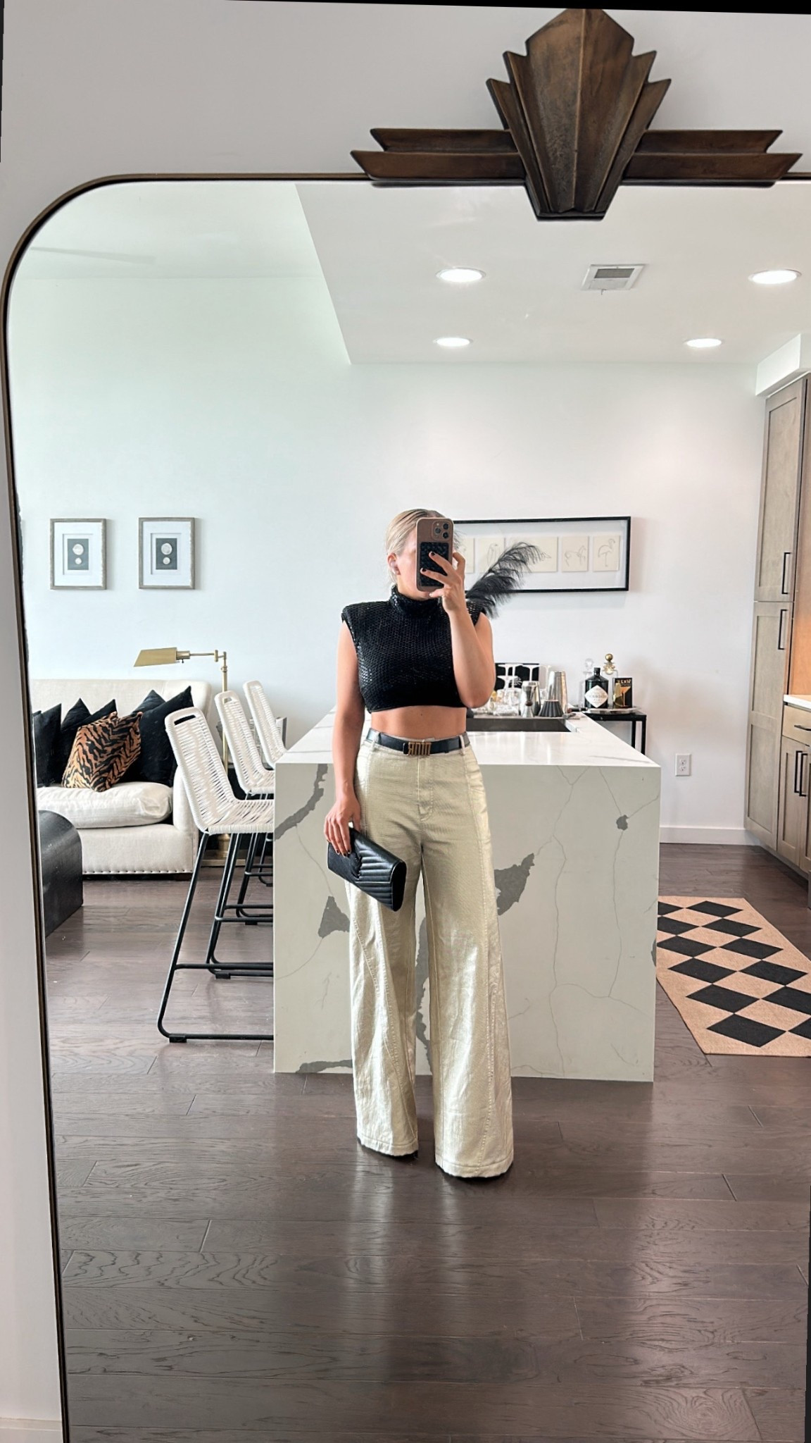 Dua lipa concert look ✨ sequin crop with shoulder pads- S. Metallic flare pants, dior belt and ysl clutch #LTKParties #LTKStyleTip

#LTKPetite