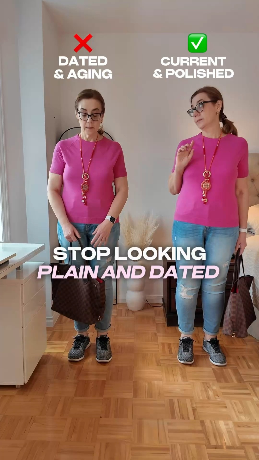 This outfit looks dated and boring, and cuts the body in most unflattering places- hips, calves and ankles - making us look shorter and bigger.

To fix this, switch to the pieces that leave some air between your skin and clothing. The wide leg full length jeans with high or medium waist make legs looks longer and body slimmer. The oversized linen shirt tucked into the pants as a faux wrap, makes the body hourglass shape,  emphasizing the waist. Lightweight sandals further elongate legs.

What do you think? Left or Right? Comment below ⬇️ 

Save for inspiration and share with a friend who needs summer outfit ideas.

Follow for more easy tips and ideas on style and beauty for women over 40.

#LTKsummer #LTKmidsize #LTKstyletip