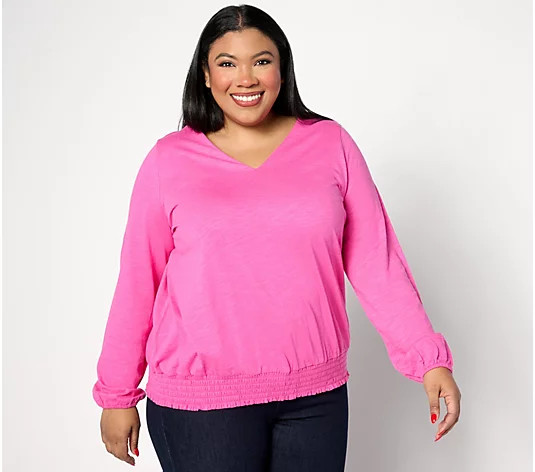 Belle by Kim Gravel Slub Knit Smocked Waist V Neck Top - QVC.com | QVC