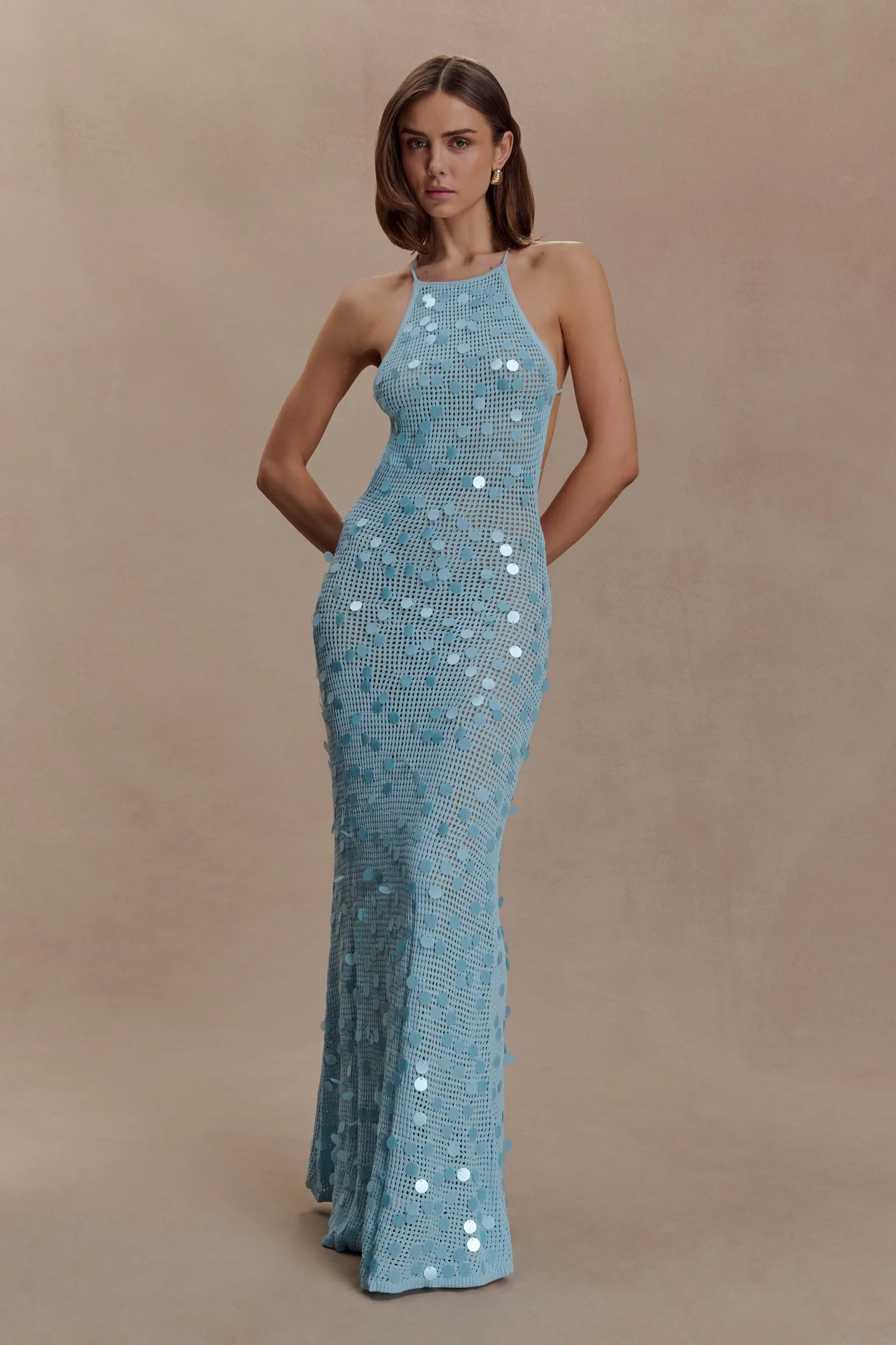 Crochet Sequin Maxi Open Back Dress - Blue | MESHKI US