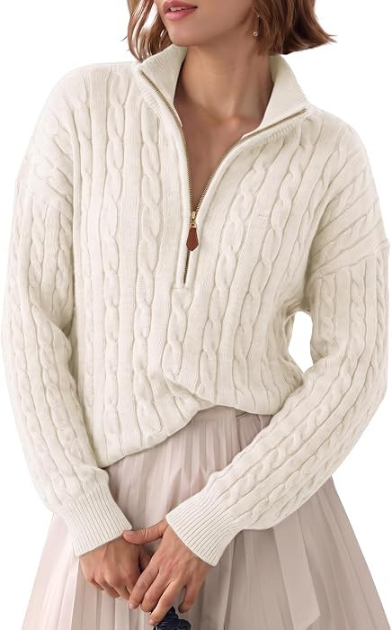 Fisoew Womens Sweaters Quarter Zip Ribbed Cable Knit Pullover Tops 2026 | Amazon (US)