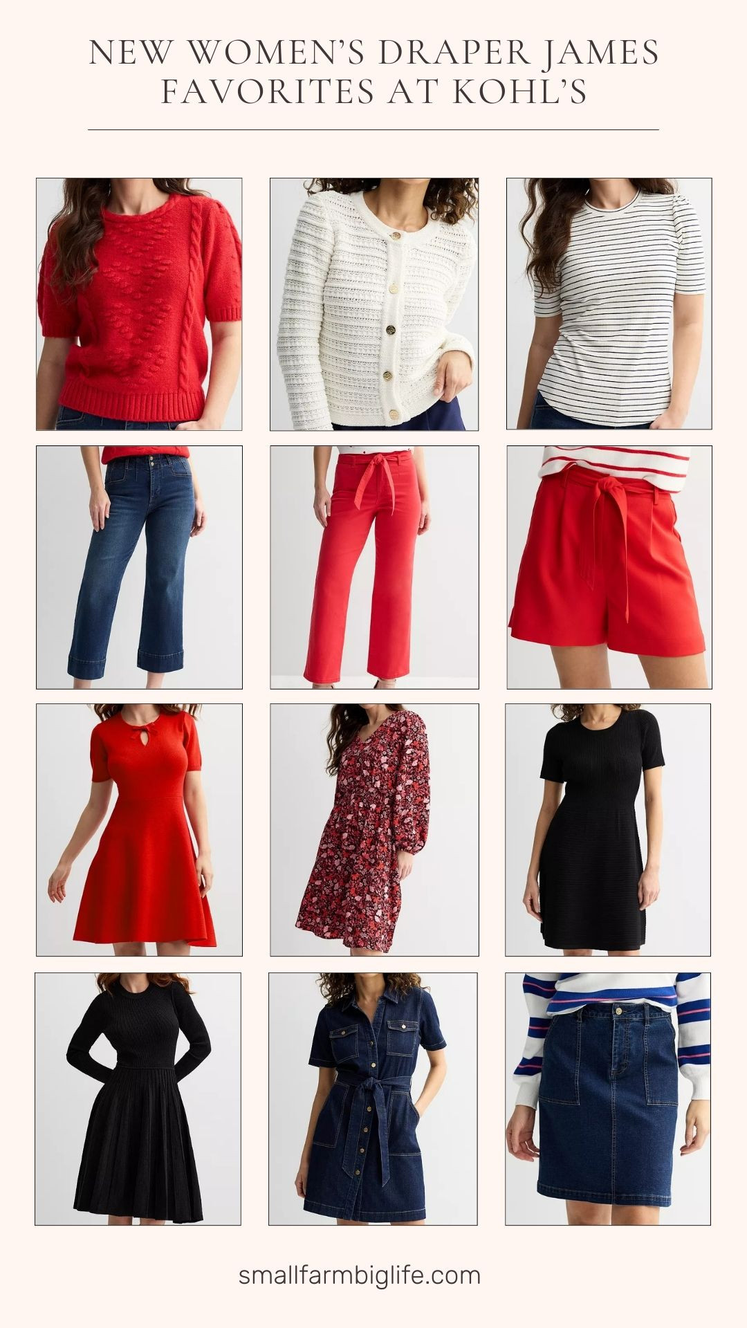 New Women's Draper James Favorites at Kohl's. Winter Fashion. Spring Fashion. Black Long Sleeve Sweater Dress. Patch Pocket Denim Skirt. Black and White Striped Short Sleeve Crewneck Tee. Red Twill Belted Shorts. Short Sleeve Denim Shirt Dress. White Button Front Cardigan. Black Short Sleeve Pointelle Sweater Dress. Red and Pink Floral V-Neck Long Sleeve Dress. Red Wide Leg Belted Trouser. Wide Leg Denim Trousers. Red Bow Neck Detail Fit & Flare Mini Sweater Dress. Red Short Sleeve Heart Sweater.  

 #LTKOver40 #LTKFindsUnder100