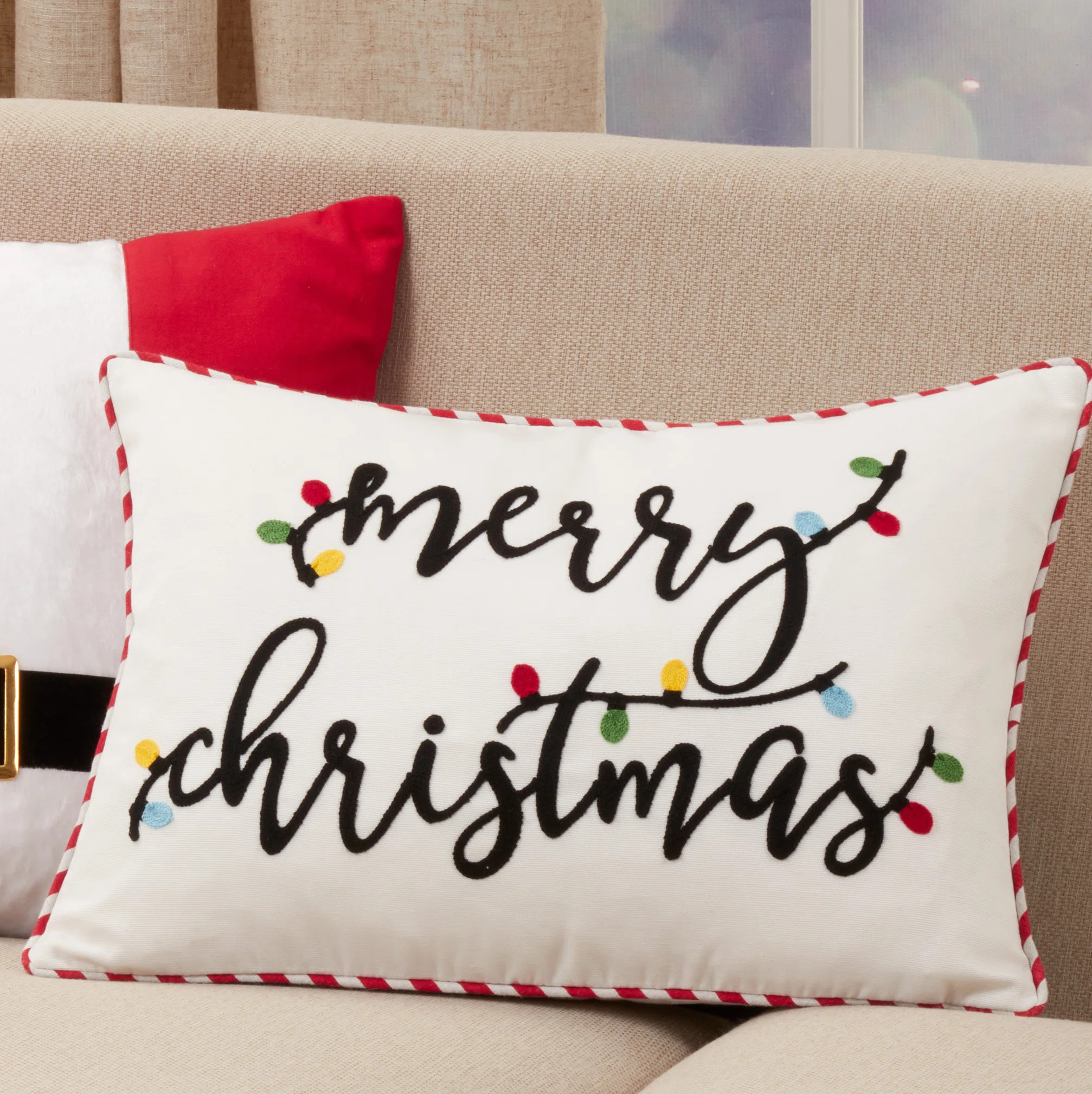 Merry Christmas Lights Design Embroidered Cotton Pillow Cover | Wayfair North America