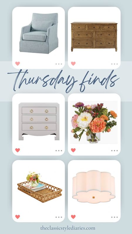 Weekly finds. Cant believe where this cute blue chair is from! Love this natural wood dresser with some dimension, the white nightstand doesn’t look like it’s from Amazon at all. Peony floral arrangement for under $60 (!!), a cute woven tray on sale and a scalloped flush mount under $100

#LTKfindsunder100 #LTKhome #LTKsalealert
