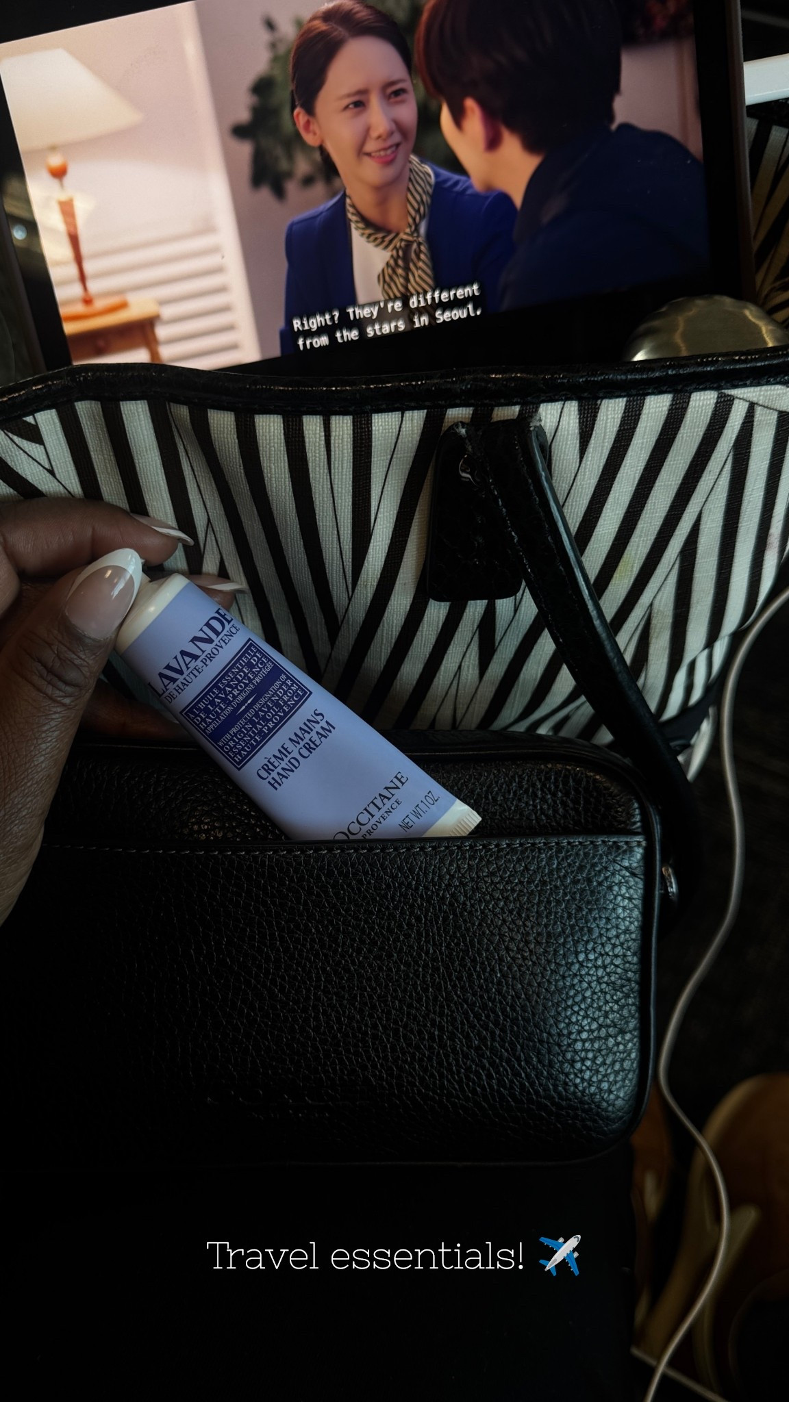 Airplane essentials! ✈️ I always carry this L'Occitane lotion with me. It has a light scent of lavender, bergamot, rose, and white musk. The perfect way to stay fresh and calm without overpowering those around me.

My coach pouch is actually a men's bag, which is great because it comes with a removable strap. It's large enough to hold all of my makeup essentials but doesn’t look like a makeup bag. 

#LTKTravel #LTKStyleTip #LTKOver40