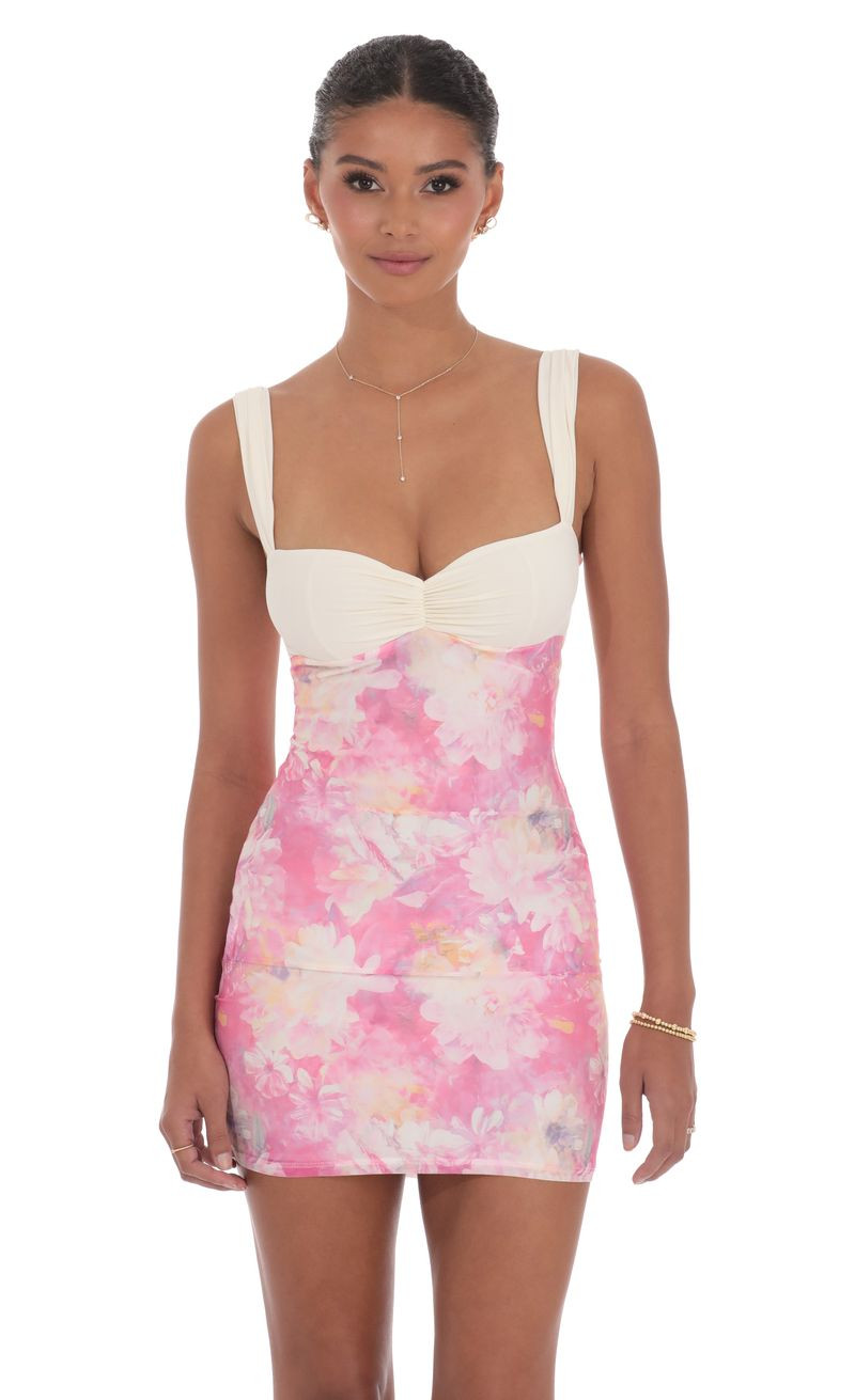 Two-Tone Floral Mesh Bodycon Dress in Pink | Lucy in the Sky