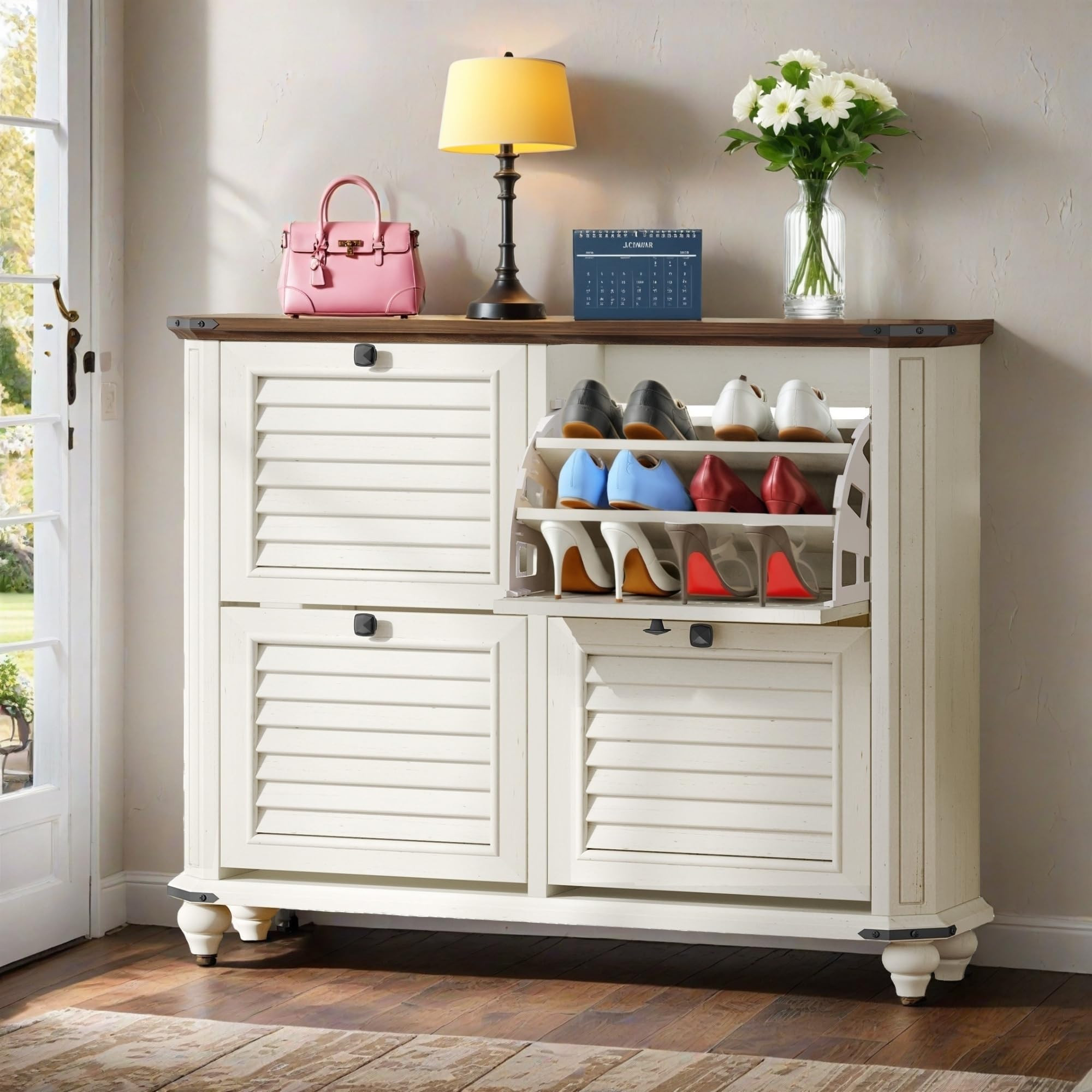 YITAHOME Farmhouse Shoe Storage Cabinet with 4-Flip Drawer, Rustic Wood Shoe Rack with Shutter Do... | Amazon (US)