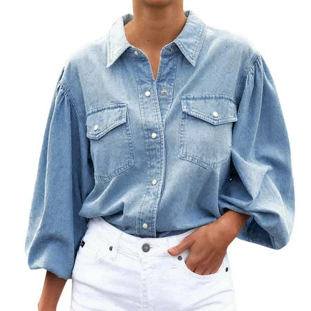 NIUREDLTD Women s Denim Jeans Long Puff Sleeves Turn Down Collar Button Down Loose Washed Jeans Shirt Blue L | Walmart (US)