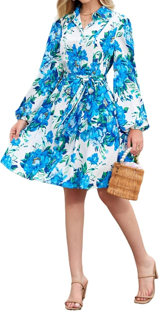 Women Long Sleeve Spring Button Down A-Line Floral Print Summer Cocktail Shirt Dresses with Belt | Amazon (US)