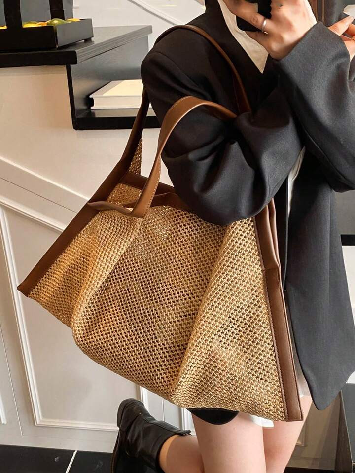 Fashionable Casual Straw Tote Bag, Versatile Large Capacity Shoulder Bag With Minimalist Design | SHEIN