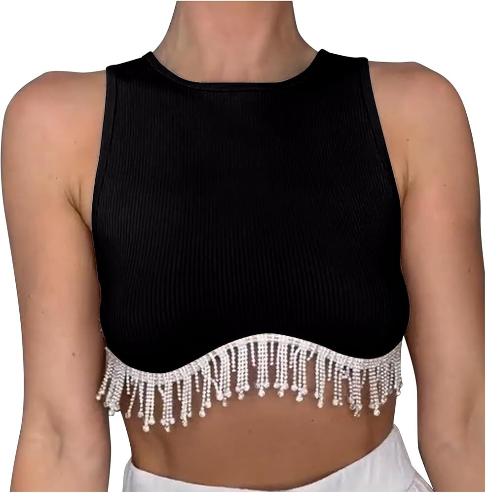 Women's Fringed Tops Vest Sleeveless Tassels T-Shirt Stretch Casual Tank Tops Ribbed Vest Round N... | Amazon (US)
