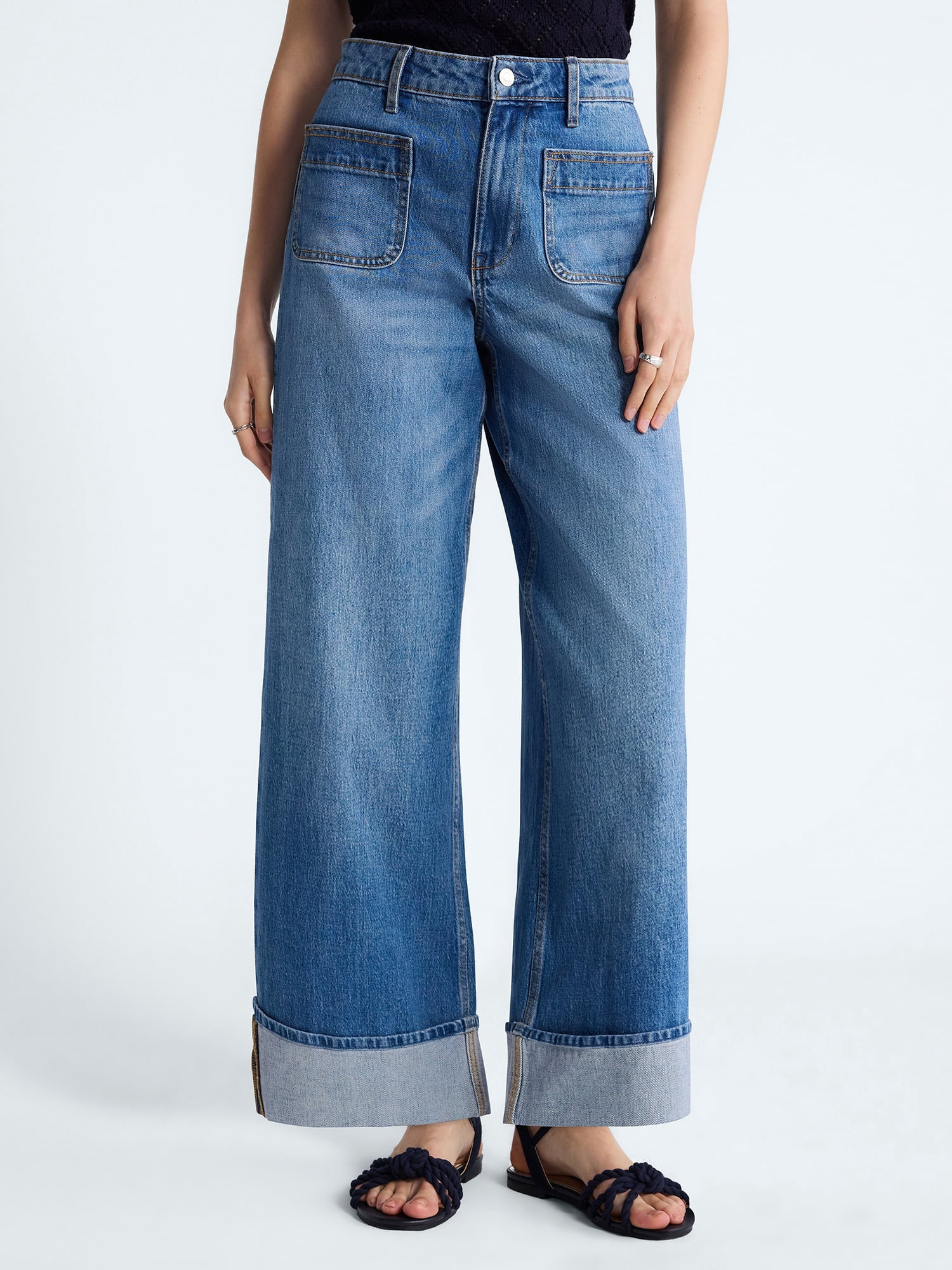 Free Assembly Women's High Rise Patch Pocket Cuffed Jeans, 26" Inseam, Sizes 0-18 | Walmart (US)
