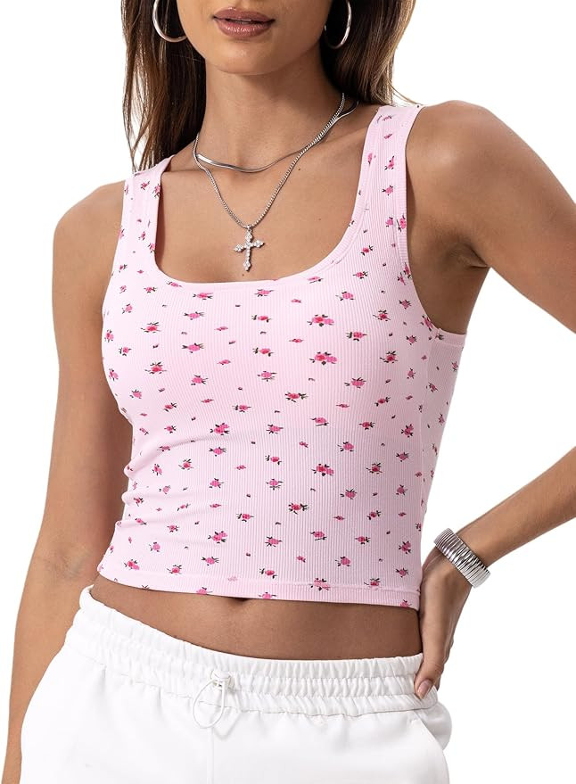 Danysu Women Rib Tank Top Padded Workout Top Square Neck Crop Tank Fitted Basic Cami Tops | Amazon (US)