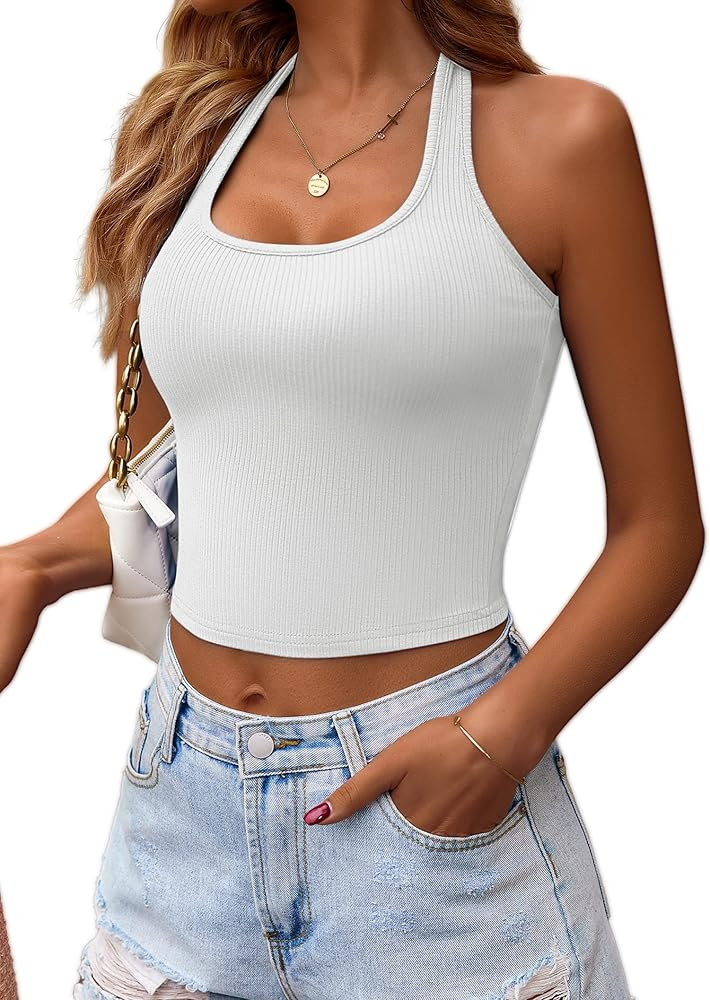 Ekouaer Women Halter Top Sleeveless Backless Scroop Neck Slim Stretchy Ribbed Knit Crop Tops S-XX... | Amazon (US)