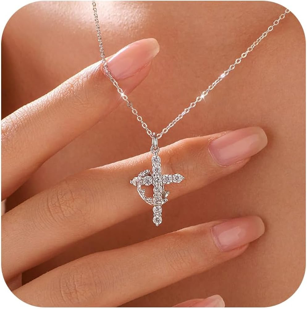 925 Sterling Silver Cross with Crown Necklace for Women Cubic Zirconia Pendant Necklaces Adjustab... | Amazon (US)