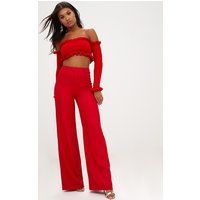 Red Wide Leg Crepe Trousers | PrettyLittleThing US
