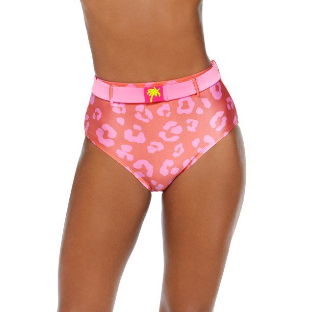 No Boundaries Juniors Bold Leopard High Waisted Swim Bottoms With Palm Belt | Walmart (US)