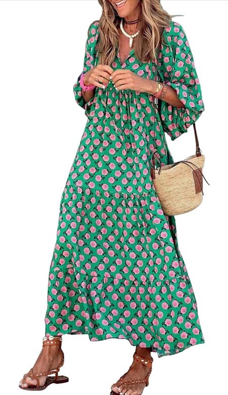 Womens Loose Fit Casual Summer V Neck Half Sleeve Bohemian Geometric Pattern Maxi Long Dresses.
This is a very simple and casual dress. However, the material is more like shiny polyester, but it’s not bad at all. I need a maxi dress like this Summer!

#LTKOver40 #LTKFindsUnder50