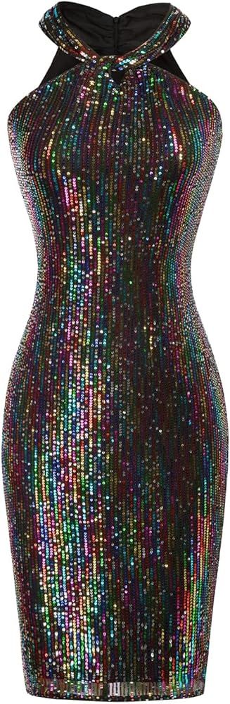 GRACE KARIN Women Sleeveless Sequin Dress Sparkly Glitter Halter Dress Bodycon Mini Club Dresses | Amazon (US)