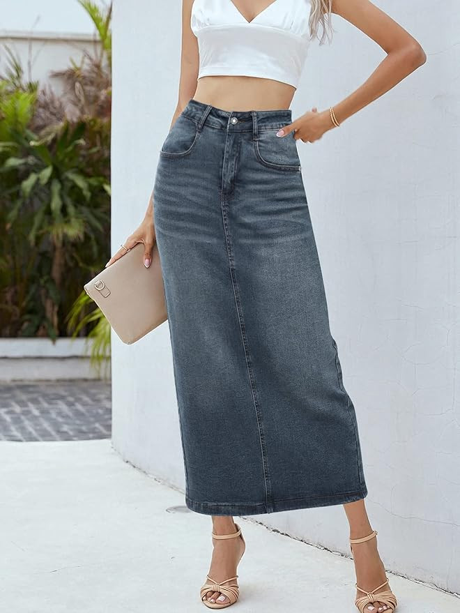 Long Denim Skirt for Women Casual A-Line Denim Maxi Skirt Stretch High Waisted Jean Skirt with Po... | Amazon (US)