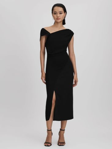 Asymmetric Bodycon Midi Dress in Black | Reiss UK