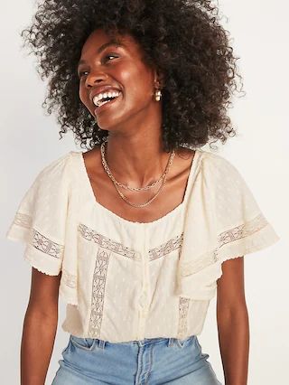 Oversized Clip-Dot Crochet-Lace Button-Front Blouse for Women | Old Navy (US)