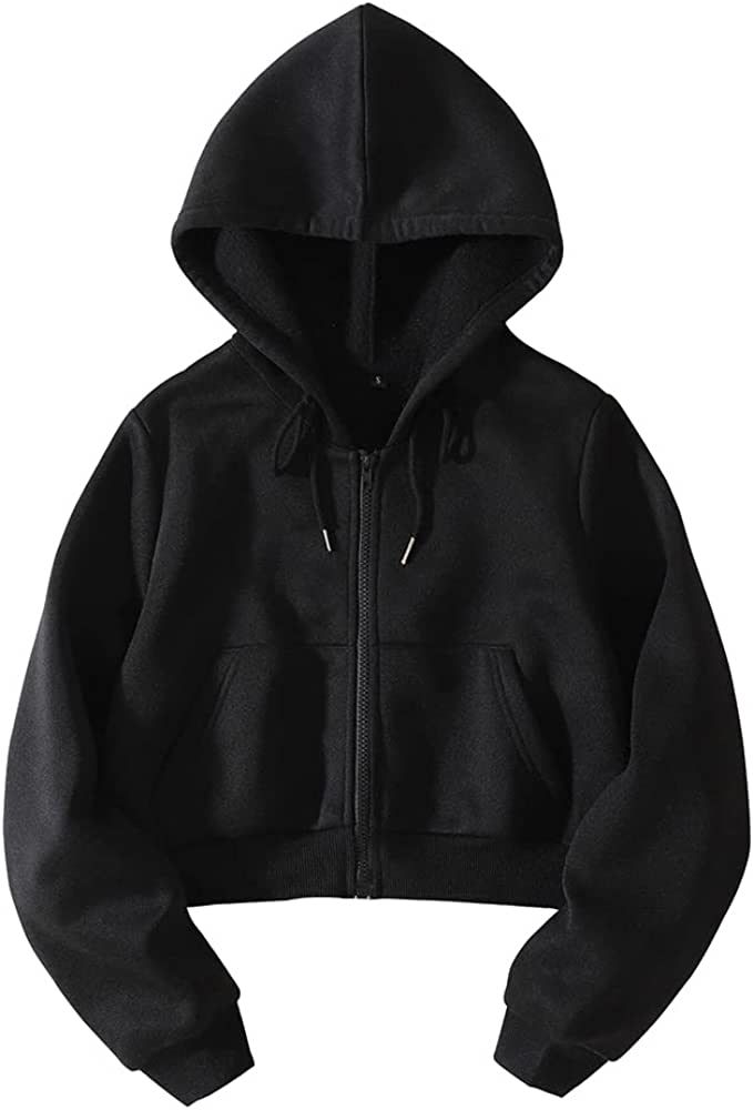 LOFAAC BINIDE Women Fleece Full Zip Up Cropped Hoodie Sweatshirt 90s Long Sleeve Drawstring Hooded C | Amazon (US)