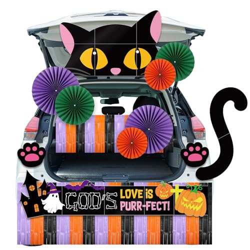 MotiMind 21 Pcs Halloween Religious Trunk or Treat Car Decoration Kit Christian Black Cat Car Decoration Border Skirt Tissue Fans Car Archway Door Decor for Halloween Party Car SUV | Amazon (US)