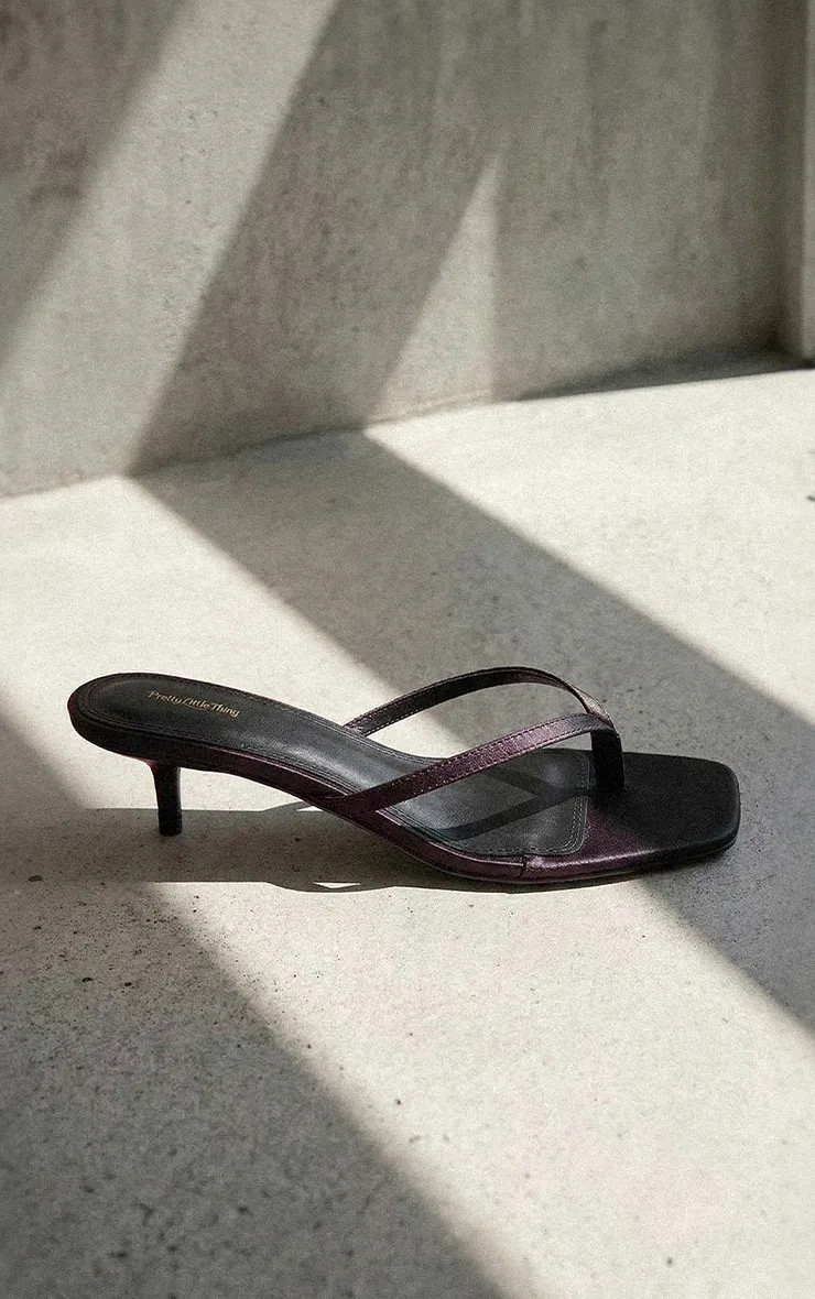 PrettyLittleThing Chocolate Plum Satin Toe Thong Kitten Heel Mule | Boohoo | Boohoo.com (UK & IE)