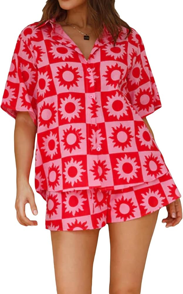 Cathery Women 2 Piece Beach Outfit Short Sleeve Button Down Shirt Top and Shorts Summer Casual Lo... | Amazon (US)